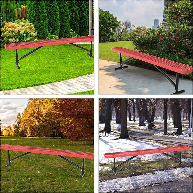 8 Feet Outdoor Steel Bench, Red Heavy Duty Metal Park Bench for Outside, Weatherproof Dock Bench, 96" L Commercial Benches Mesh Bench for Shopping Mall, Store, Lawn, Park, Patio, Deck, Garden
