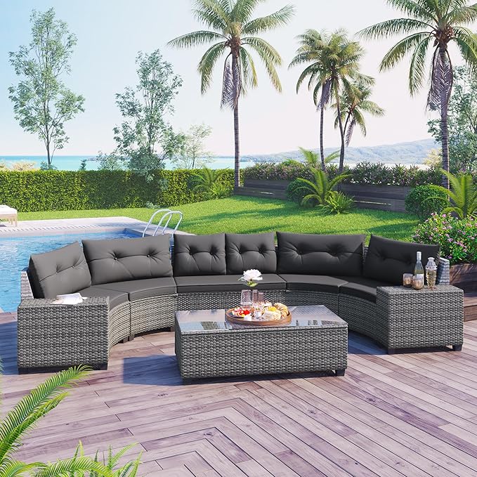 Quarte Outdoor Patio Furniture Sets, 8-Pieces All Weather Wicker Round Sofa Set, Half-Moon Sectional Sets - Photo 1