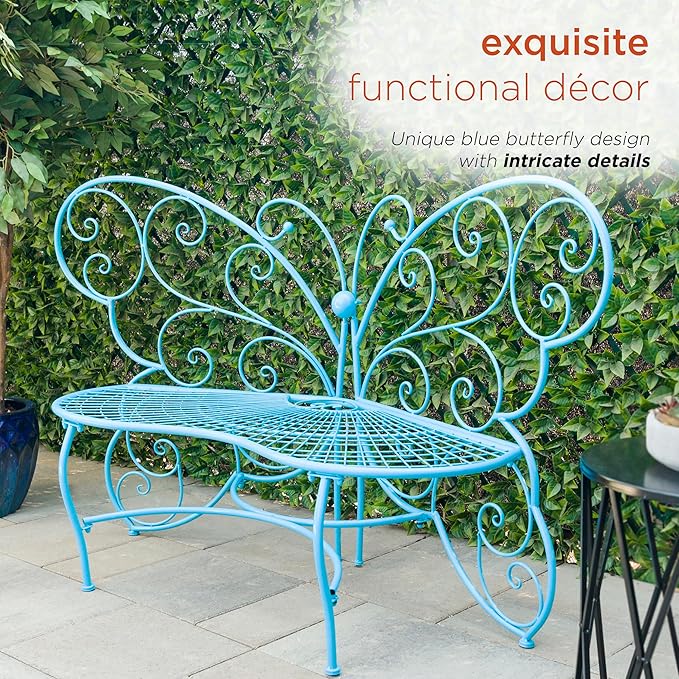 Alpine Corporation BAZ400BL Indoor Outdoor Metal Butterfly Shaped Garden Bench, 62" Long, Blue - Photo 5