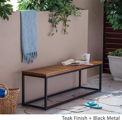 Drew Outdoor Industrial Acacia Wood and Iron Bench, Teak and Black