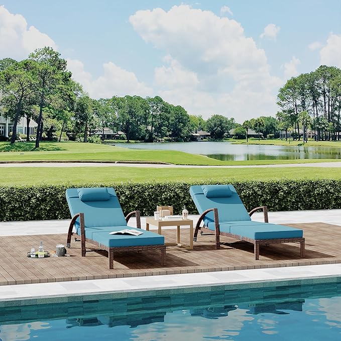 Outdoor Chaise Lounge Set of 2 Rattan Patio Folding Chaise Lounge Adjustable 5 Position Back Patio Pool Lounge Chair with Cushion Pillow for Poolside Backyard Deck Porch Peacock Blue