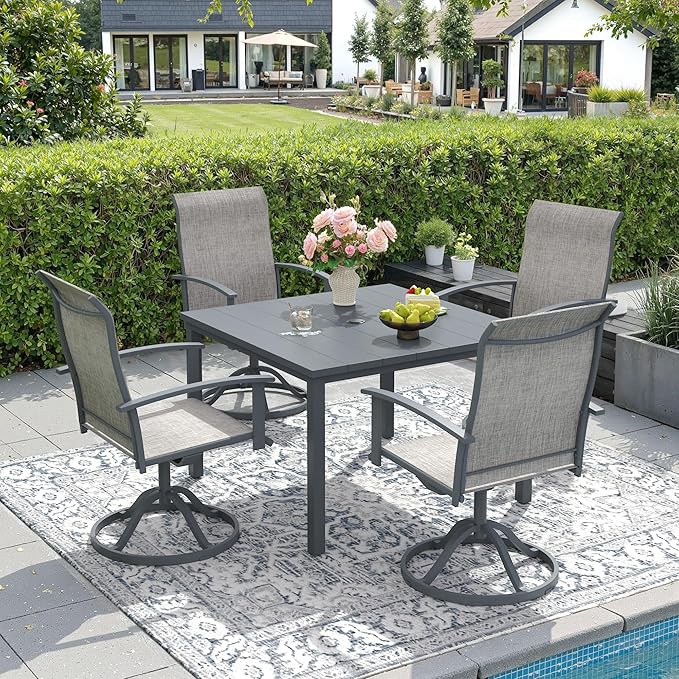 DIFY 40.2" Square Outdoor Dining Table for 4, Slatted Metal Patio Table with Adjustable Umbrella Hole, All-Weather Patio Dining Table for Garden Backyard Deck, Grey Tabletop