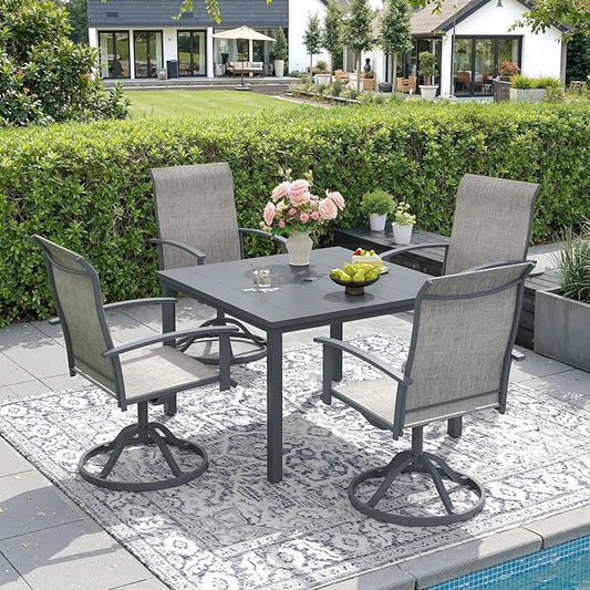 DIFY 40.2" Square Outdoor Dining Table for 4, Slatted Metal Patio Table with Adjustable Umbrella Hole, All-Weather Patio Dining Table for Garden Backyard Deck, Grey Tabletop