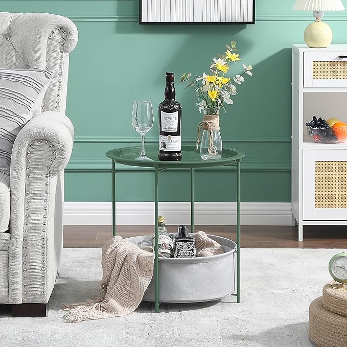 VECELO Round Side/End Table with Fabric Storage Basket，Metal Anti-Rust and Waterproof Small Bedside Nightstand with - Photo 2