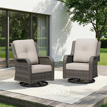Swivel Rocker Patio Chairs Set of 2 - Outdoor Wicker Patio Furniture Set 2 Pieces with Thickened Olefin Cushions, High Back and Deep Seating, Hand-Woven PE Rattan for Porch, Deck, Beige