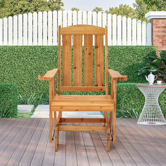 HOMREST Wooden Patio Glider Chair with Cup Holders Heavy Duty 700LBS Outdoor Rocking Chair with Ergonomic Deep Contoured Seat and High Roll Back for Garden Porch Balcony