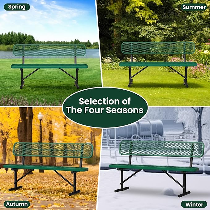 Heavy Duty Park Bench with Back Portable Frame, Outdoor Steel Bench with Backrest, Outdoor Park Bench Expanded Metal Mesh Bench for Lawn, Park, Deck, Garden, Patio, Porch, Black (Green, 6FT)