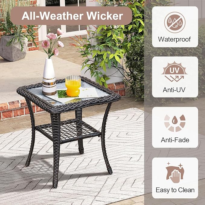 BABYLON Indoor Outdoor Coffee Table, All-Weather Wicker Tempered Glass Top Side Table - Photo 5