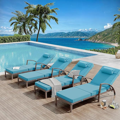 Outdoor Chaise Lounge Set of 2 Rattan Patio Folding Chaise Lounge Adjustable 5 Position Back Patio Pool Lounge Chair with Cushion Pillow for Poolside Backyard Deck Porch Peacock Blue