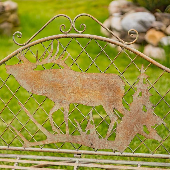 Classic Iron Garden Bench with Nature Scenery (Moose & Evergreen Backrest in Green)