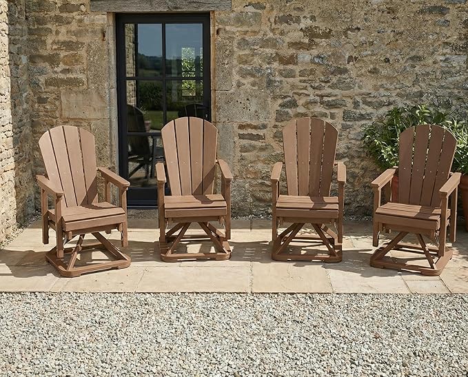 HDPE Swivel Glider Chair Outdoor, Weather Resistant Adirondack Outside Rocking Chair, Wooden Textured Outdoor Swivel Chair Set of 4 for Porch, Balcony, Poolside, Backyard (Teak)