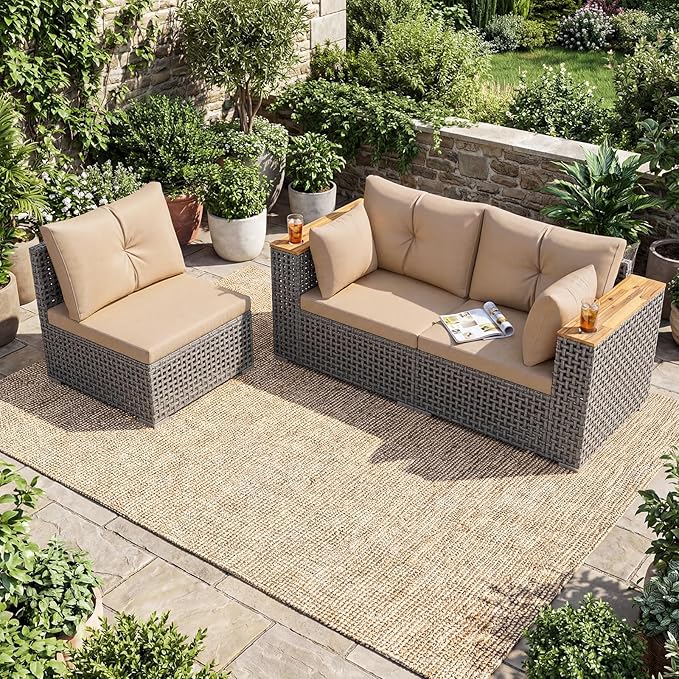Tangkula 86.5" Large 3-Seat Patio Wicker Sofa, 3 Pieces PE Rattan Sectional Furniture Set with Cup Holder & Wood Armrest, Outdoor Couch Set with Armless & 2 Corner Sofas for Garden, Yard, Porch, Brown