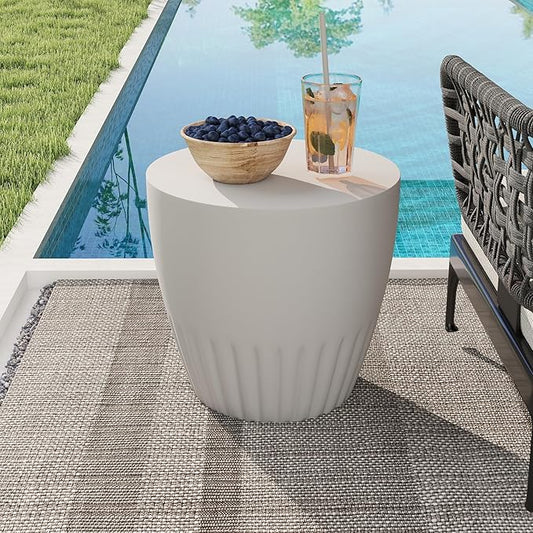Outdoor Side Table for Patio- 16.5” Round MgO Stone Concrete Side Table, Modern Accent Table with Hemp Rope, Lightweight Weatherproof End Table for Patio, Garden, or Indoor Use, Gray