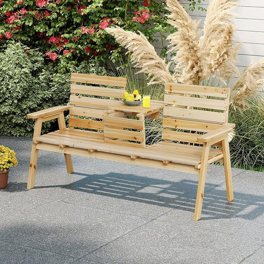 HAPPYGRILL Outdoor Fir Wood Bench with Foldable Middle Table, 2-3 Person Patio Garden Bench with Armrests and Backrests, Wooden Loveseat Chair with 710lbs Capacity (Natural)