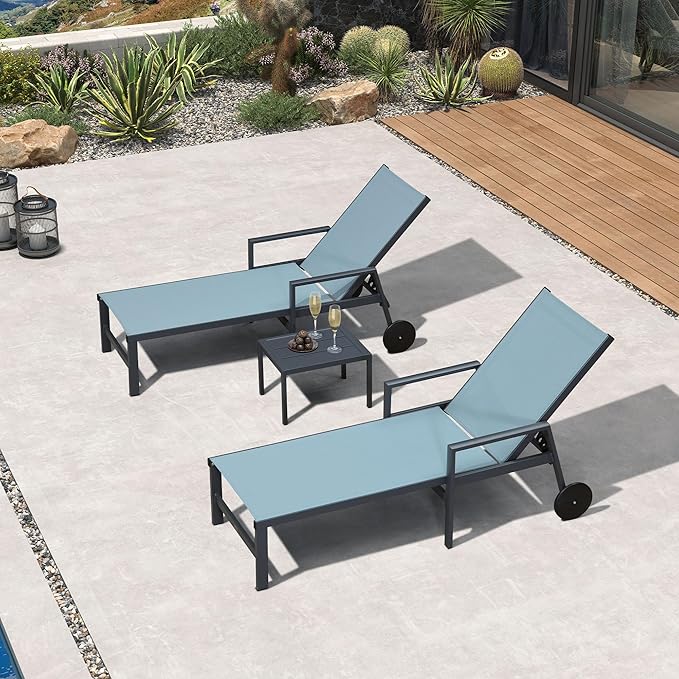 PURPLE LEAF Outdoor Chaise Lounge Set for 2 Aluminum Patio Chaise Lounger Chair with Armrest Adjustable Pool Chaise Lounge Chair for Beach Yard Poolside Table Included, Teal