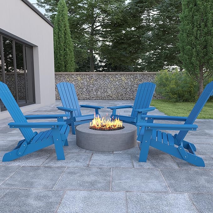 Flash Furniture Charlestown Folding Adirondack Chair - Blue - Poly Resin - Indoor/Outdoor - Weather Resistant - Set of 4