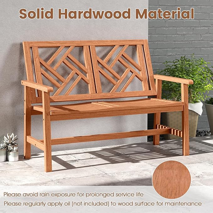 Tangkula Outdoor Wood Bench, 2-Person Patio Loveseat Chair with Geometric Backrest, Built-in Armrests & Slatted Seat, 660 lbs Weight Capacity, Garden Bench for Porch, Backyard & Poolside