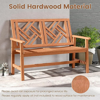 Tangkula Outdoor Wood Bench, 2-Person Patio Loveseat Chair with Geometric Backrest, Built-in Armrests & Slatted Seat, 660 lbs Weight Capacity, Garden Bench for Porch, Backyard & Poolside