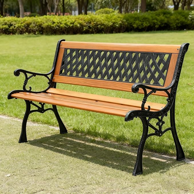 49" Outdoor Wood Bench for Garden, Patio & Porch, 2-Person Bench with Iron Armrests, PVC Backrest, Weather-Resistant Hardwood Seat, Natural Wood & Bronze