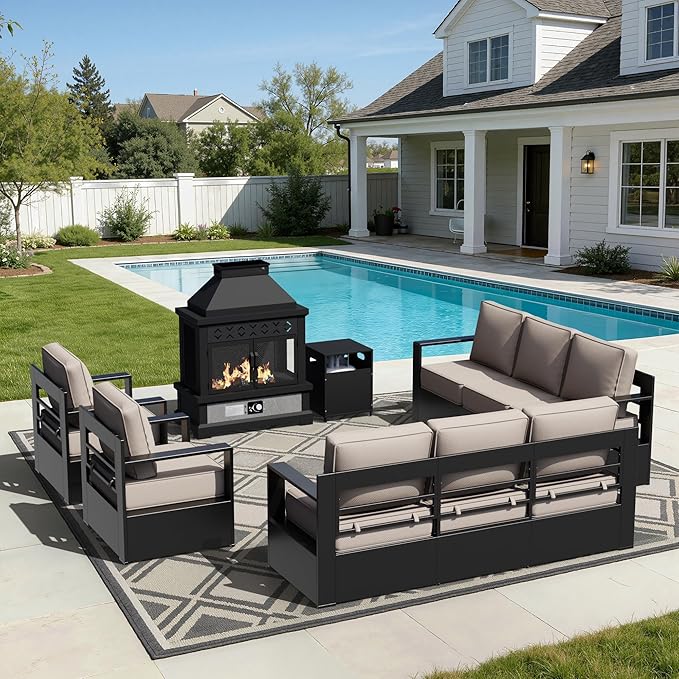 Outdoor Aluminum Furniture Set, 5-Piece Patio Conversation Set, 2 Swivel Chairs, 2 Sofa and 1 Fireplace, All-Weather Metal Frame, 6" Thick Removable Cushions, Deep Setting for Garden and Porch