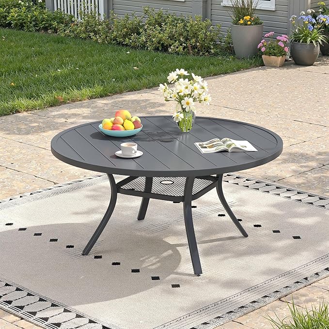 47.2" Patio Dining Table for 6, Round Outdoor Metal Dining Table with Umbrella Hole for Lawn Garden Backyard, Dark Grey