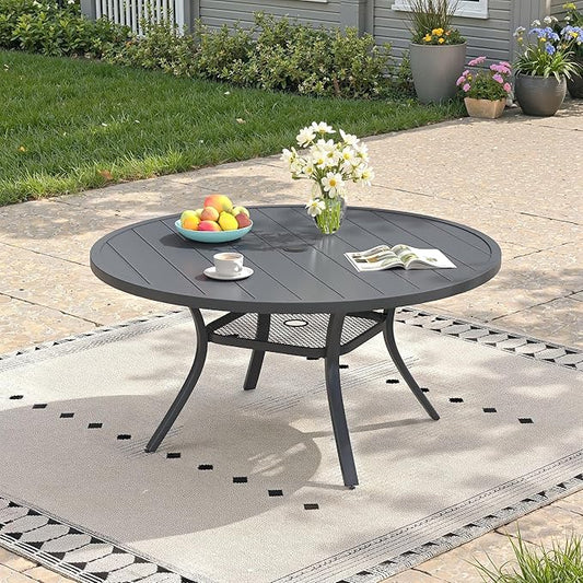 47.2" Patio Dining Table for 6, Round Outdoor Metal Dining Table with Umbrella Hole for Lawn Garden Backyard, Dark Grey