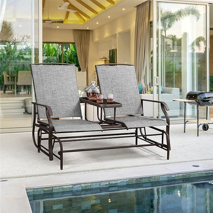 Yaheetech 2-Seat Outdoor Glider with Center Table, Patio Rocking Loveseat with Breathable Mesh Sturdy Metal Frame for Garden Pool Lawn