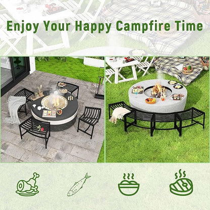 Metal Outdoor Curved Fire Pit Bench Set of 4, Fire Pit Seating Waterproof, Steel Backless Outside Tree Bench for Garden,Patio,Porch,Backyard,Heavy Duty Plant Holder, Style 1, Black