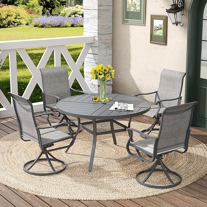 DIFY 40.6" Round Outdoor Patio Dining Table for 4, All-Weather Metal Steel Slatted Patio Table with 1.57" Adjustable Umbrella Hole, for Lawn Garden Porch Backyard, Grey