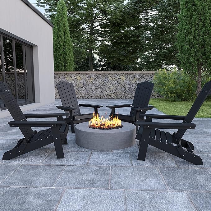 Flash Furniture Charlestown Folding Adirondack Chair - Black - Poly Resin - Indoor/Outdoor - Weather Resistant - Set of 4