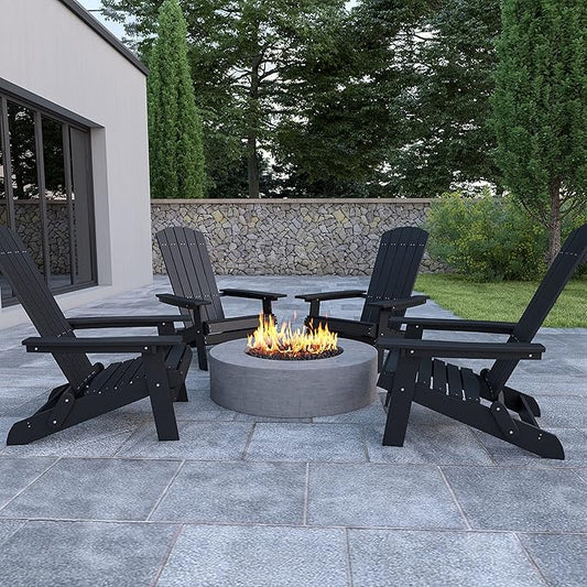 Flash Furniture Charlestown Folding Adirondack Chair - Black - Poly Resin - Indoor/Outdoor - Weather Resistant - Set of 4