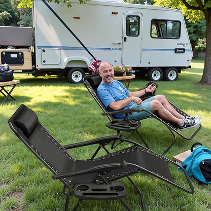 Greesum Zero Gravity Chairs Set of 2 Adjustable Steel Mesh Recliners Beach Deck Lawn Camping Patio Foldable Lounge Chair with Cup Holder Trays and Pillows,Dark Black