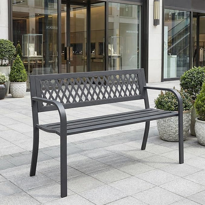 Outdoor Garden Bench, Weatherproof Metal Park Bench for Garden Lawn Porch Park Backyard, Sturdy Steel Patio Bench with Ergonomic Backrest for Front Porch Entryway Outside Seating, Black