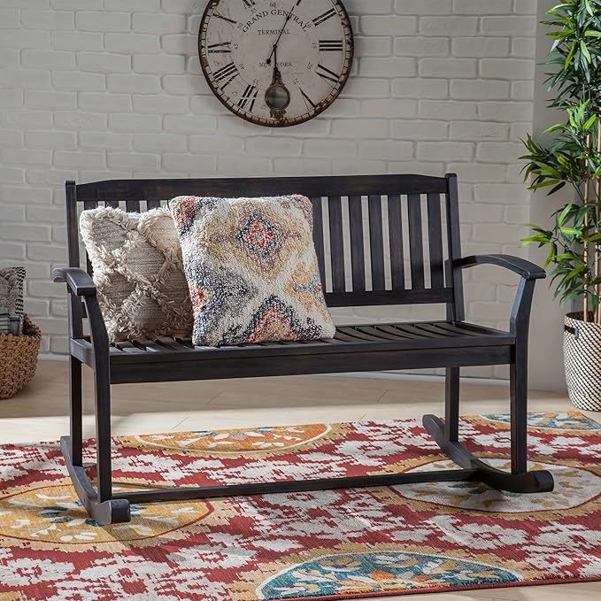 Patio Rocking Loveseat, 2 Person Outdoor Rocker Bench, Acacia Wood Patio Rocking Loveseat with Armrests - Photo 4