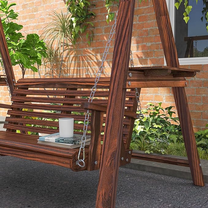 Outsunny 2-Seat orch Swing with Stand, Wooden Patio Swing Chair with Side Tables and Metal Chains, Outdoor Hanging Bench for Garden, Poolside, Backyard, Carbonized