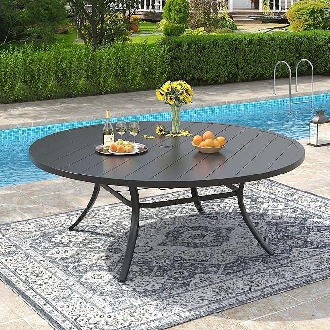 VICLLAX 63" Outdoor Patio Dining Table for 8-10, Metal Round Table with Umbrella Hole for Deck Lawn Garden Backyard, Black