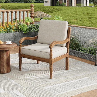 Christopher Knight Home Pyosik Acacia Wood Patio Chair, Comfy Armchair with Thick Cushions, Comfort Seating for Garden Backyard Poolside, Wooden Lounge Chair Outdoor with Armrest, Beige + Natural