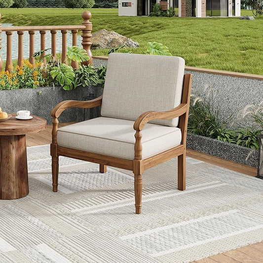 Christopher Knight Home Pyosik Acacia Wood Patio Chair, Comfy Armchair with Thick Cushions, Comfort Seating for Garden Backyard Poolside, Wooden Lounge Chair Outdoor with Armrest, Beige + Natural