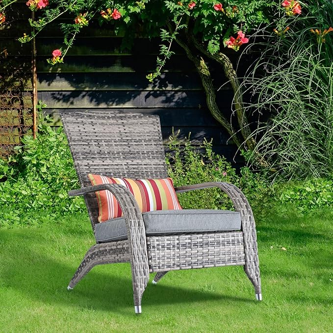 Outdoor Patio Wicker Rattan Adirondack Chair Outside Fire Pit Chairs Comfy Relax Accent Patio Chair Low Deep Seating High Back with Cushion and Pillow for Porch Deck Balcony Lawn Backyard Mixed Grey