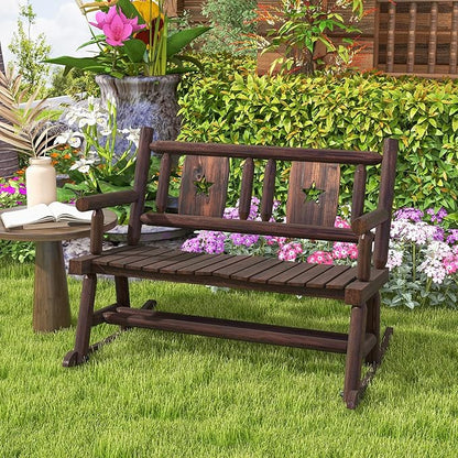 Giantex Outdoor Rocking Bench, Patio Loveseat Rocker for 2 w/Ergonomic Back & Log Arms, Carbonized Fir Wood Frame, Wooden Double Rocking Chair for Porch, Garden, 710 LB Capacity, Rustic Brown