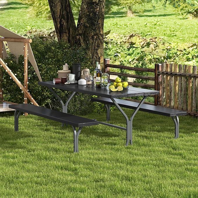 Giantex 6FT Picnic Table Bench Set Outdoor Camping All Weather Metal Base Wood-Like Texture Backyard Poolside Dining Party Garden Patio Lawn Deck Furniture Large Camping Picnic Tables for Adult, Black