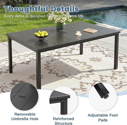 DIFY 63" Rectangle Outdoor Dining Table for 6, Slatted Metal Patio Table with Adjustable Umbrella Hole, All-Weather Patio Dining Table for Garden Backyard Deck, Black Tabletop