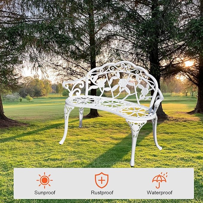 Cast Aluminium Outdoor Bench, Rose Garden Bench for Patio,Park,Lawn,Yard (White) - Photo 4