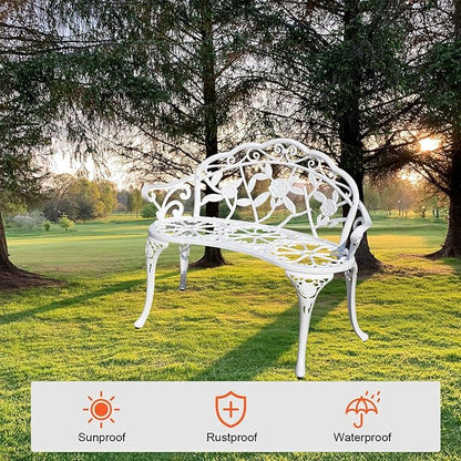 Cast Aluminium Outdoor Bench, Rose Garden Bench for Patio,Park,Lawn,Yard (White)