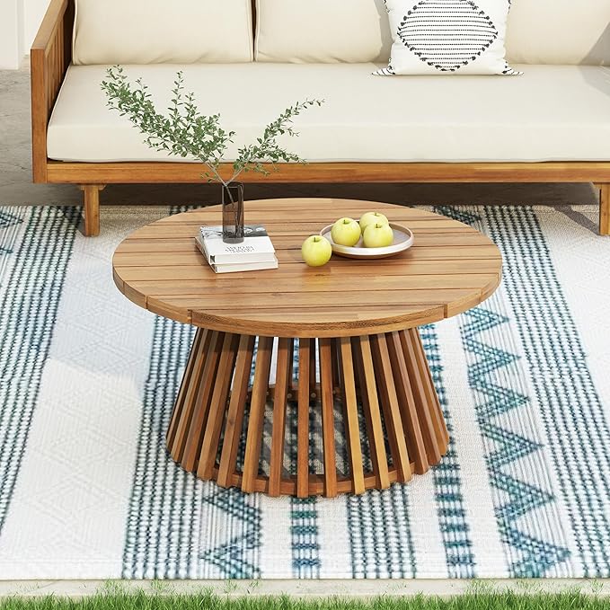 Merax Patio Outdoor Acacia Wood Round Coffee Table with Sturdy Base, Sofa Center Table for Backyard, Lawn, Balcony, Teak Finish