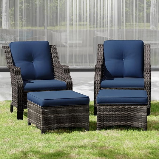 Wicker Patio Furniture Set - 4 Piece Rattan Outdoor Conversation Sets with 2 Wicker Patio Chairs,2 Ottomans for Garden, Backyard, Balcony and Deck