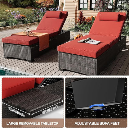GarveeLife Patio Lounge Chairs, Outdoor Pool Furniture, Outdoor PE Wicker Chaise Lounge Set of 2, Chaise Lounge Chair, Brown Rattan Recliners with Adjustable Backrest,Storage Table, Red & Brown