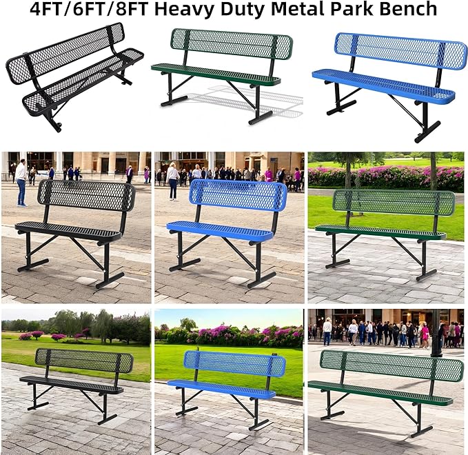 8FT Park Benches for Outside, Heavy-Duty Portable Outdoor Bench, Garden Benches Weatherproof with Backrest & Portable Frame, Commercial-Grade Seat Bench for Park, Garden, School, Shopping Mall