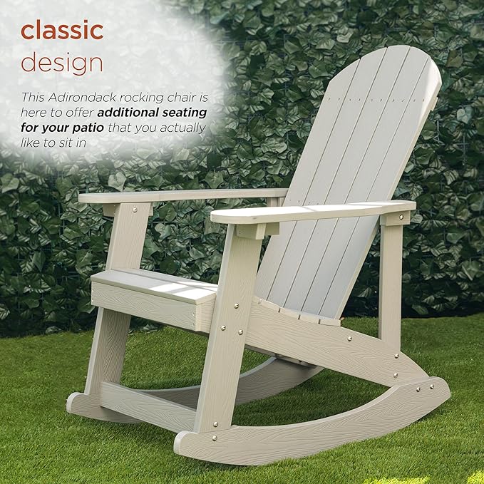 Alpine Corporation 39" H Outdoor Adirondack Rocking Chair with Classic Ergonomic Design Patio Seating Furniture and Accessories, Light Gray