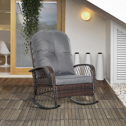 Outsunny Outdoor Wicker Rocking Chair with Wide Seat, Thickened Cushion, Rattan Rocker with Steel Frame for Patio, Garden, Backyard, Gray